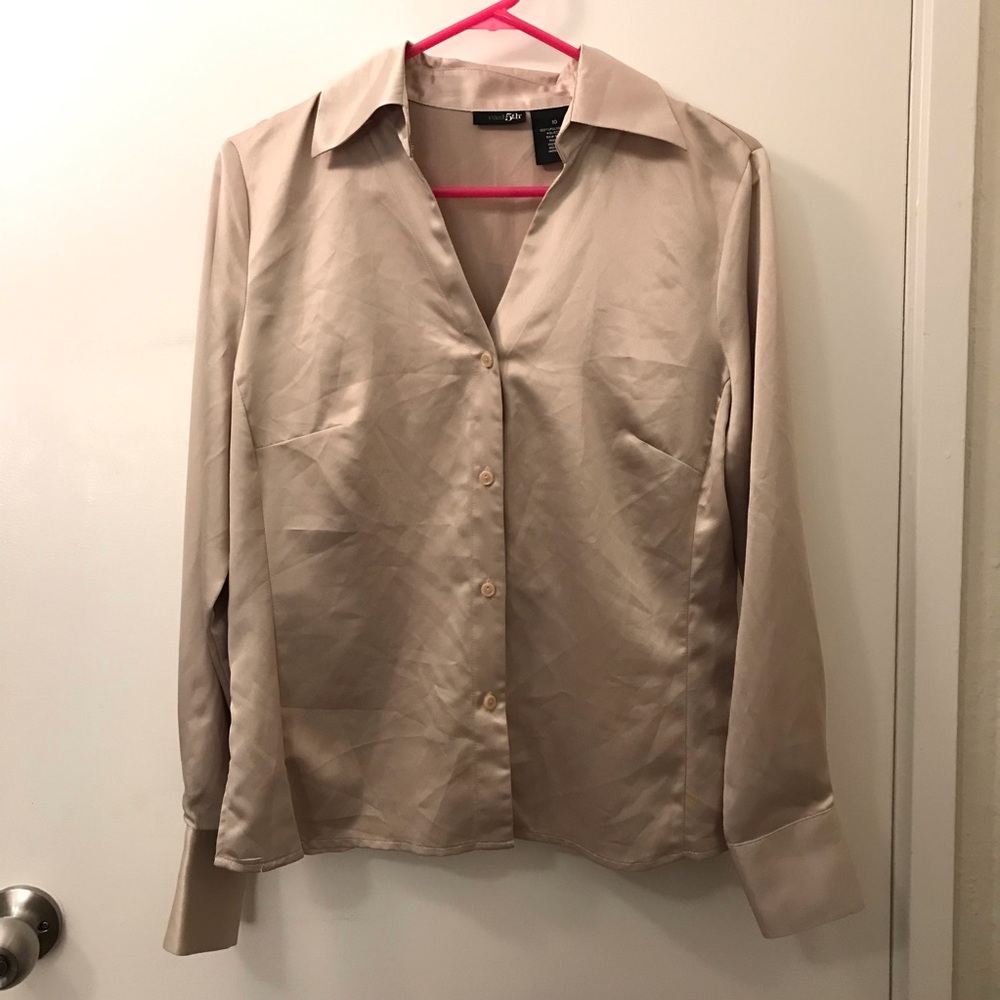 Champagne Satin Silk Button-Up Blouse